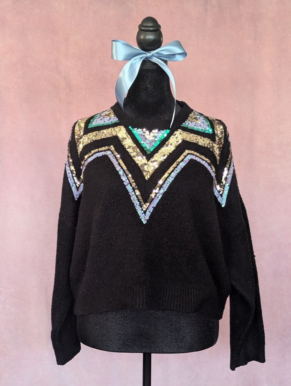 Topshop Sequin Sweater Size Black Geometric Sparkle Knit